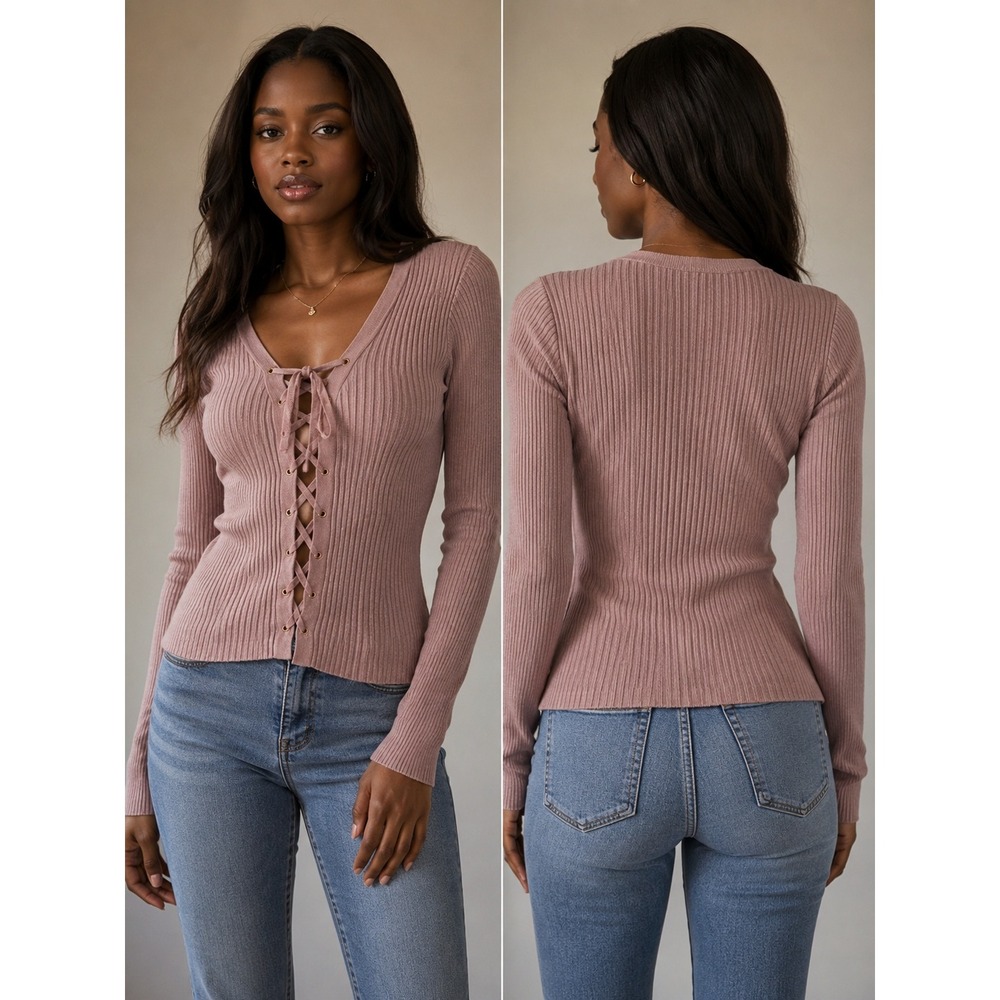 Guess Los Angeles Pink Ribbed Lace Up V-Neck Long Sleeve Sweater Medium